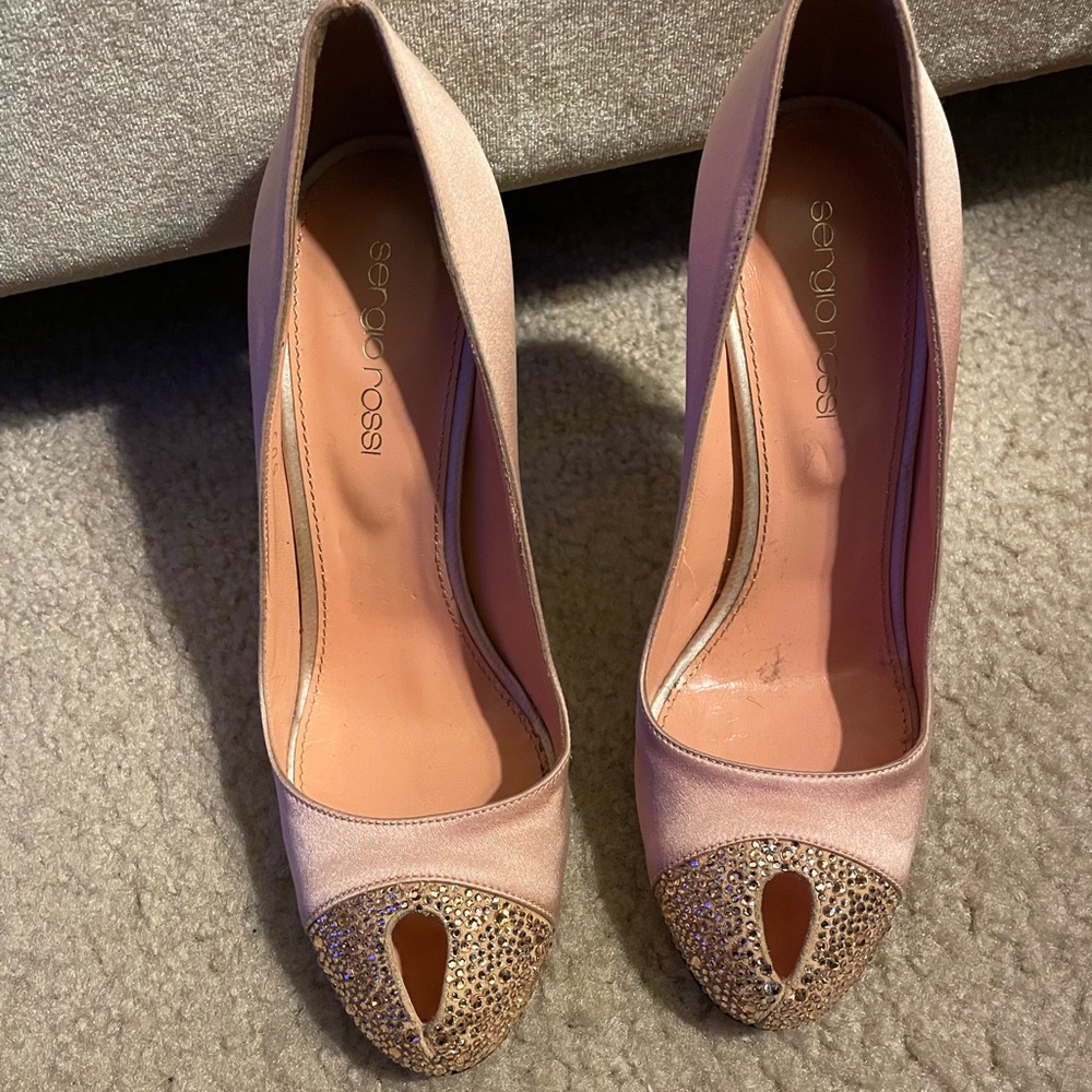 Sergio Rossi peach satin rhinestone heels